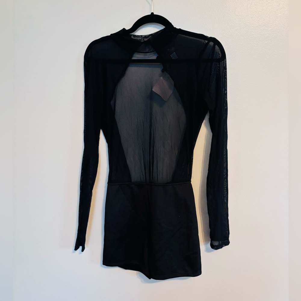NWT Foreplay sheer bodice mock neck long sleeve bodysuit that is open backed